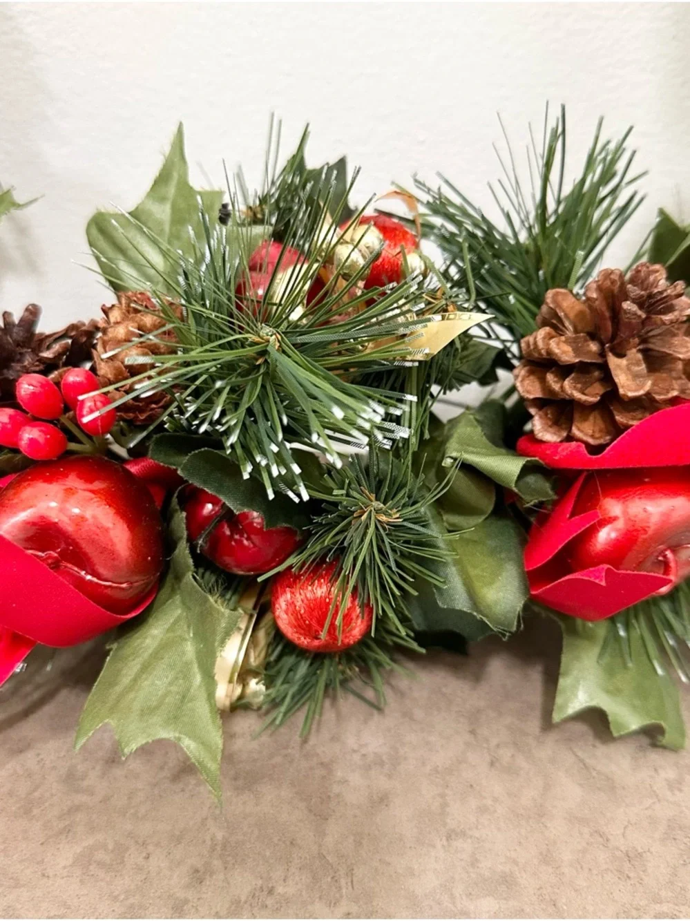 Large Holiday Brass French Horn Wreath Holly Berry Pine Accents Christmas Wreath